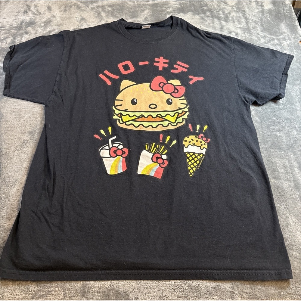 Sanrio Hello Kitty Burger Shop Black Graphic T-Shirt Mens XL Fruit of the Loom